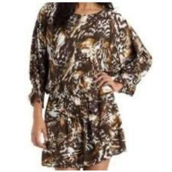 W118 By Walter Baker S Bishop Sleeve Blouson Mini Dress Animal Print Brown Boho - Picture 1 of 6